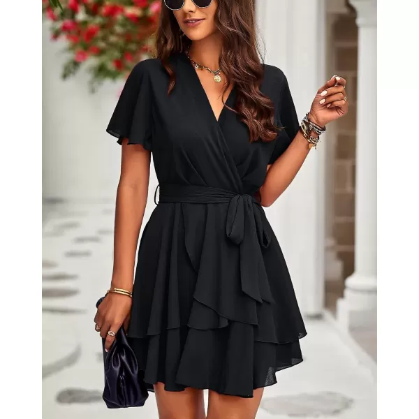 imageBTFBM Women 2023 Fashion Faux Wrap VNeck Dresses Short Sleeve High Waist Belt Swing Ruffle Hem Aline Summer Short DressZblack