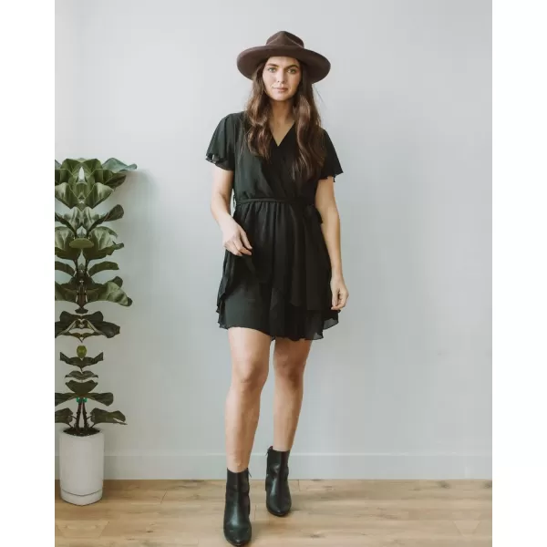imageBTFBM Women 2023 Fashion Faux Wrap VNeck Dresses Short Sleeve High Waist Belt Swing Ruffle Hem Aline Summer Short DressZblack