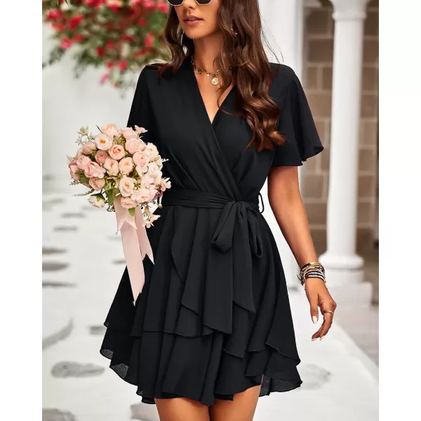 imageBTFBM Women 2023 Fashion Faux Wrap VNeck Dresses Short Sleeve High Waist Belt Swing Ruffle Hem Aline Summer Short DressZblack
