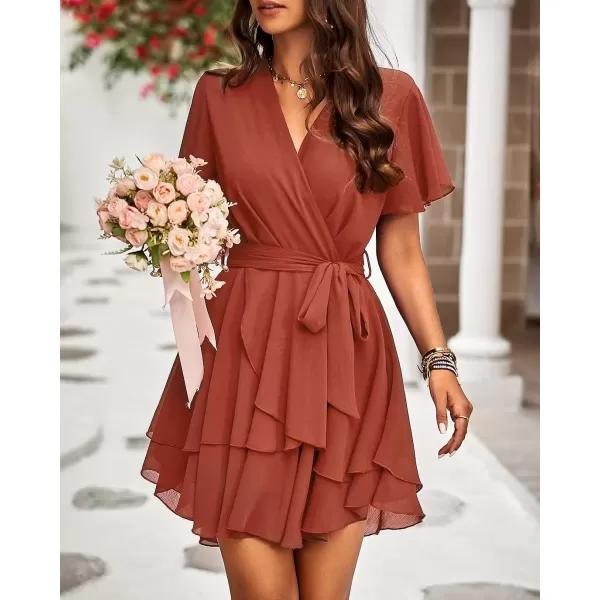 imageBTFBM Women 2023 Fashion Faux Wrap VNeck Dresses Short Sleeve High Waist Belt Swing Ruffle Hem Aline Summer Short DressZbrick Red