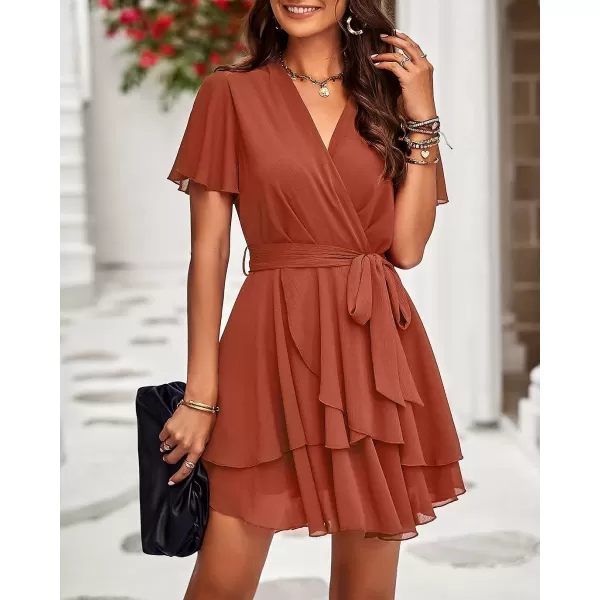 imageBTFBM Women 2023 Fashion Faux Wrap VNeck Dresses Short Sleeve High Waist Belt Swing Ruffle Hem Aline Summer Short DressZbrick Red