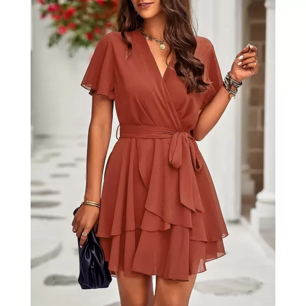 imageBTFBM Women 2023 Fashion Faux Wrap VNeck Dresses Short Sleeve High Waist Belt Swing Ruffle Hem Aline Summer Short DressZbrick Red