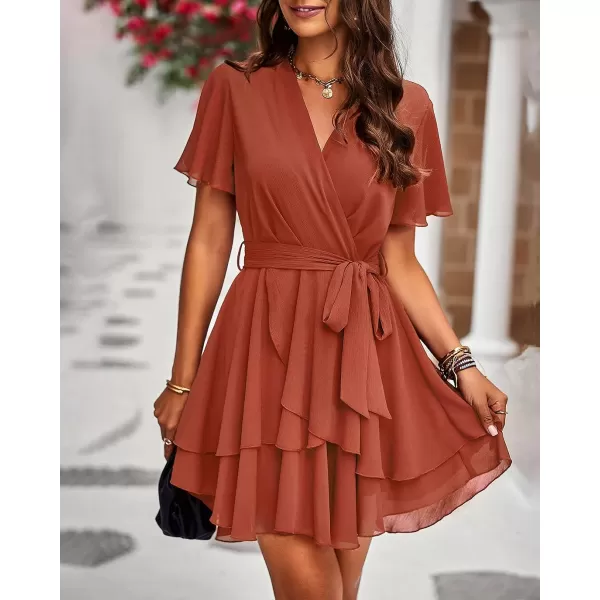 imageBTFBM Women 2023 Fashion Faux Wrap VNeck Dresses Short Sleeve High Waist Belt Swing Ruffle Hem Aline Summer Short DressZbrick Red