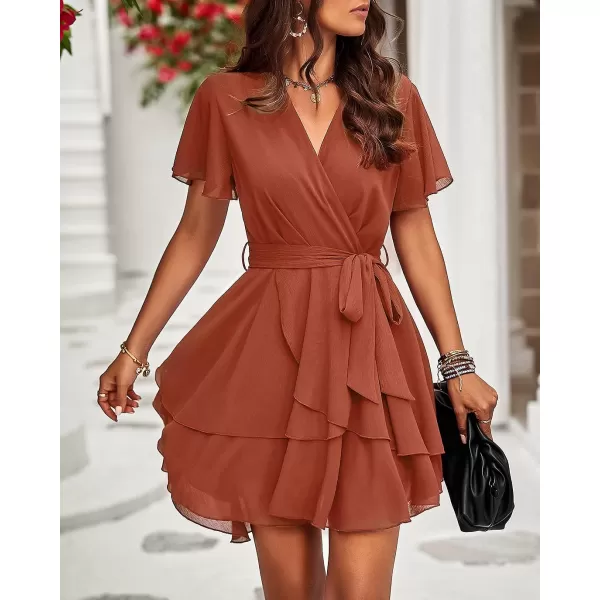 imageBTFBM Women 2023 Fashion Faux Wrap VNeck Dresses Short Sleeve High Waist Belt Swing Ruffle Hem Aline Summer Short DressZbrick Red