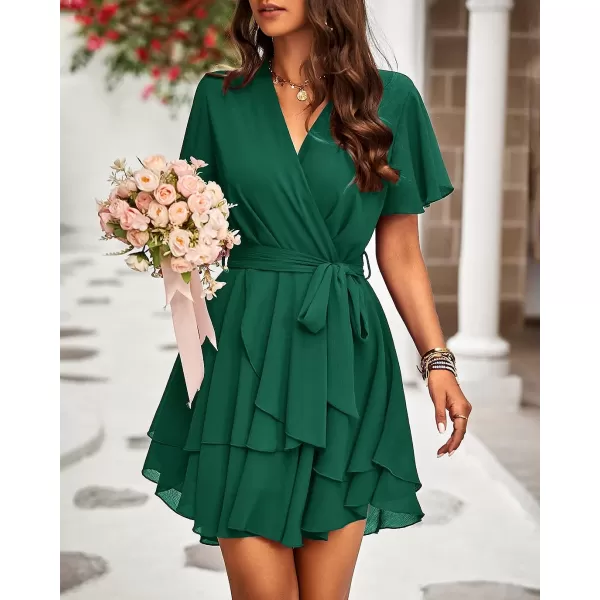 imageBTFBM Women 2023 Fashion Faux Wrap VNeck Dresses Short Sleeve High Waist Belt Swing Ruffle Hem Aline Summer Short DressZgreen