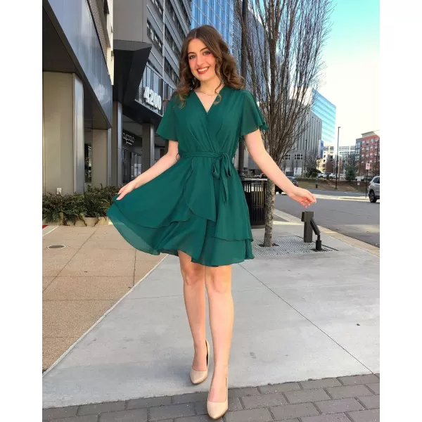 imageBTFBM Women 2023 Fashion Faux Wrap VNeck Dresses Short Sleeve High Waist Belt Swing Ruffle Hem Aline Summer Short DressZgreen