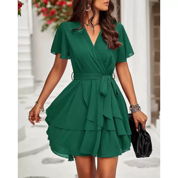 imageBTFBM Women 2023 Fashion Faux Wrap VNeck Dresses Short Sleeve High Waist Belt Swing Ruffle Hem Aline Summer Short DressZgreen