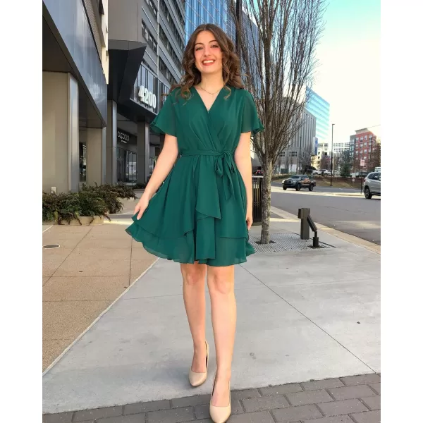 imageBTFBM Women 2023 Fashion Faux Wrap VNeck Dresses Short Sleeve High Waist Belt Swing Ruffle Hem Aline Summer Short DressZgreen