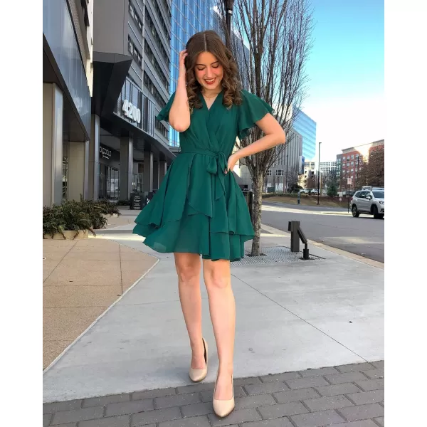 imageBTFBM Women 2023 Fashion Faux Wrap VNeck Dresses Short Sleeve High Waist Belt Swing Ruffle Hem Aline Summer Short DressZgreen