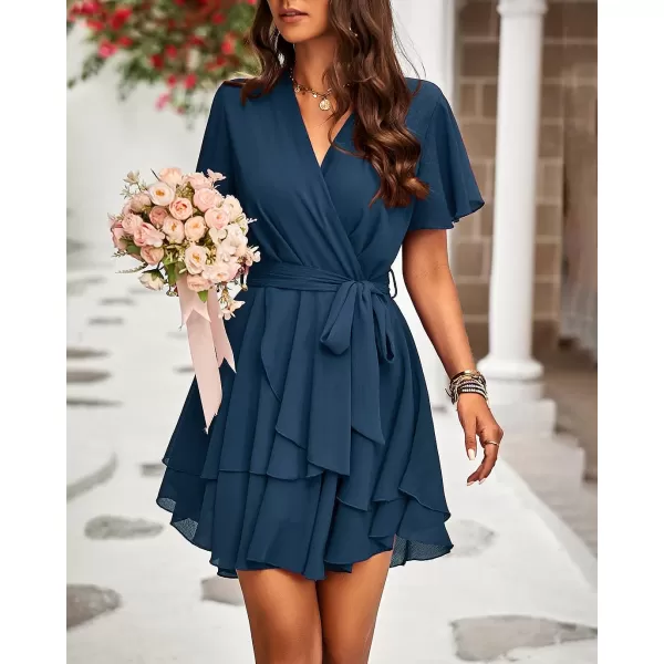 imageBTFBM Women 2023 Fashion Faux Wrap VNeck Dresses Short Sleeve High Waist Belt Swing Ruffle Hem Aline Summer Short DressZlake Blue