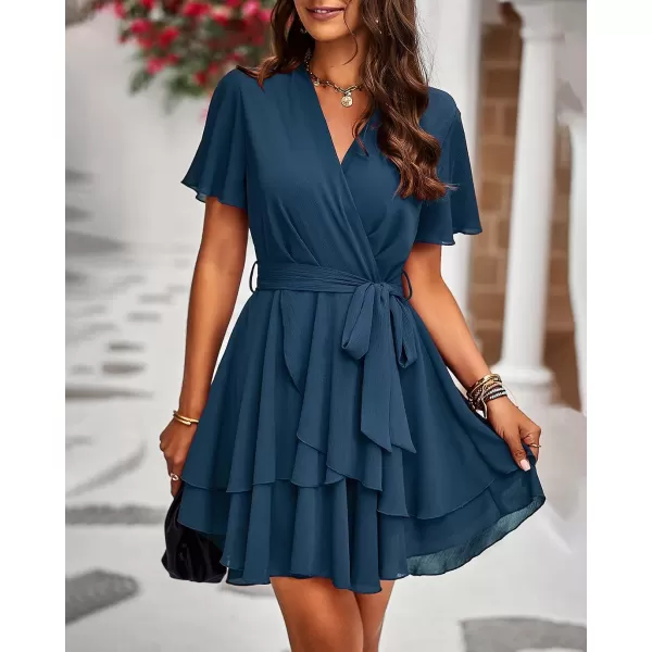imageBTFBM Women 2023 Fashion Faux Wrap VNeck Dresses Short Sleeve High Waist Belt Swing Ruffle Hem Aline Summer Short DressZlake Blue