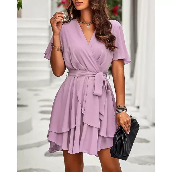 imageBTFBM Women 2023 Fashion Faux Wrap VNeck Dresses Short Sleeve High Waist Belt Swing Ruffle Hem Aline Summer Short DressZpink