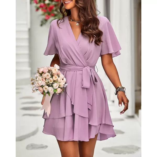 imageBTFBM Women 2023 Fashion Faux Wrap VNeck Dresses Short Sleeve High Waist Belt Swing Ruffle Hem Aline Summer Short DressZpink