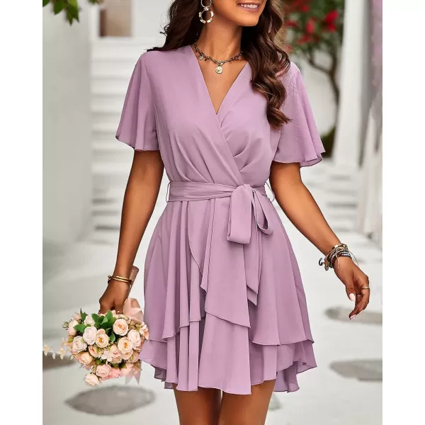 imageBTFBM Women 2023 Fashion Faux Wrap VNeck Dresses Short Sleeve High Waist Belt Swing Ruffle Hem Aline Summer Short DressZpink