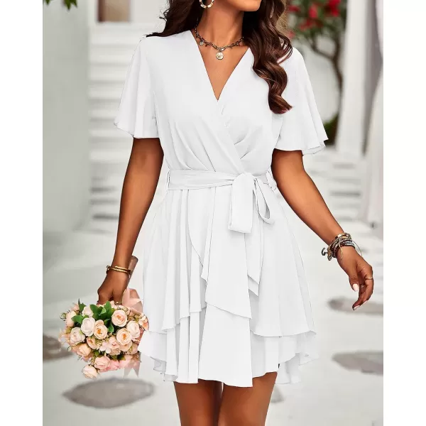 imageBTFBM Women 2023 Fashion Faux Wrap VNeck Dresses Short Sleeve High Waist Belt Swing Ruffle Hem Aline Summer Short DressZwhite