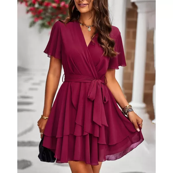 imageBTFBM Women 2023 Fashion Faux Wrap VNeck Dresses Short Sleeve High Waist Belt Swing Ruffle Hem Aline Summer Short DressZwine Red