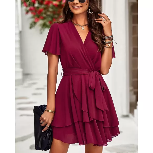 imageBTFBM Women 2023 Fashion Faux Wrap VNeck Dresses Short Sleeve High Waist Belt Swing Ruffle Hem Aline Summer Short DressZwine Red