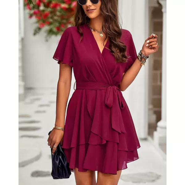 imageBTFBM Women 2023 Fashion Faux Wrap VNeck Dresses Short Sleeve High Waist Belt Swing Ruffle Hem Aline Summer Short DressZwine Red