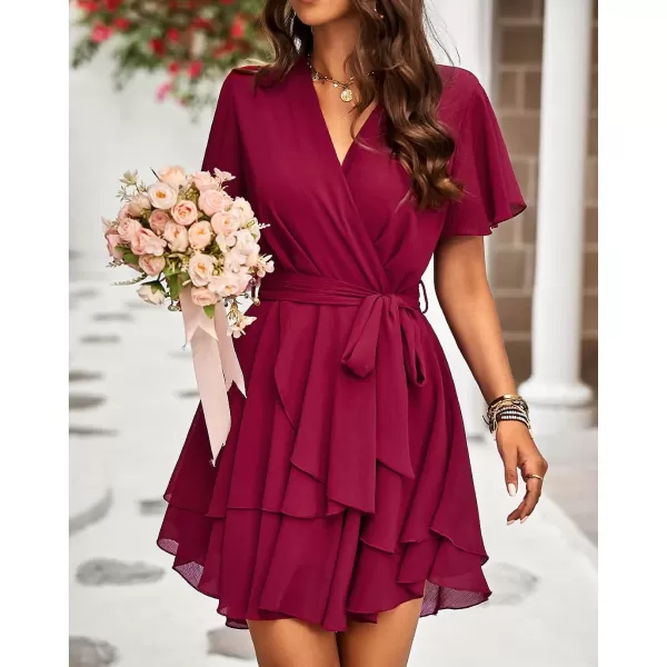 imageBTFBM Women 2023 Fashion Faux Wrap VNeck Dresses Short Sleeve High Waist Belt Swing Ruffle Hem Aline Summer Short DressZwine Red