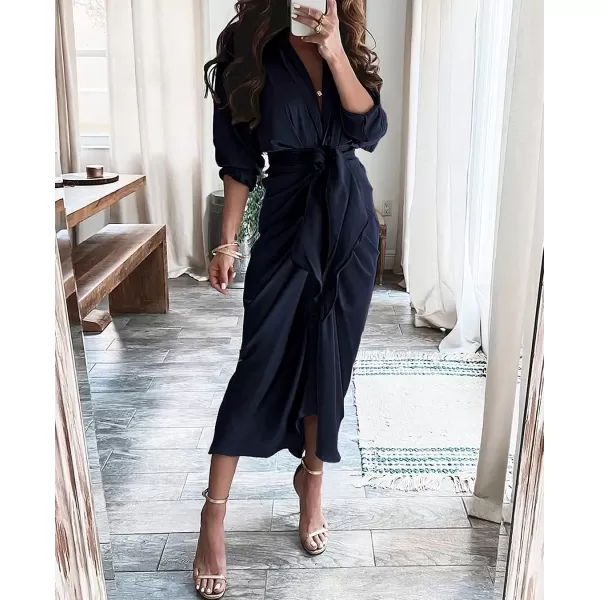 imageBTFBM Women 2023 Long Sleeve Lapel V Neck Button Down Satin Dress Belted Elegant Ruched Summer Fall Maxi Shirt DressesNavy