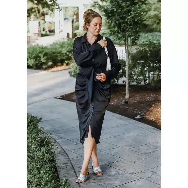 imageBTFBM Women 2023 Long Sleeve Lapel V Neck Button Down Satin Dress Belted Elegant Ruched Summer Fall Maxi Shirt DressesNavy