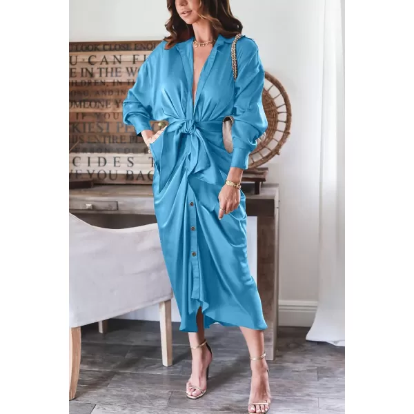 imageBTFBM Women 2023 Long Sleeve Lapel V Neck Button Down Satin Dress Belted Elegant Ruched Summer Fall Maxi Shirt DressesSolid Aqua Blue