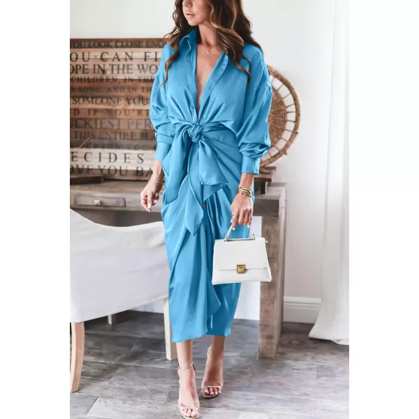 imageBTFBM Women 2023 Long Sleeve Lapel V Neck Button Down Satin Dress Belted Elegant Ruched Summer Fall Maxi Shirt DressesSolid Aqua Blue