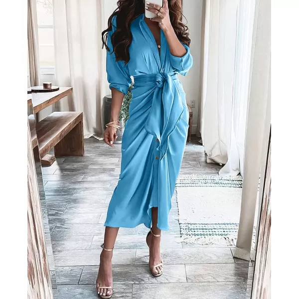 imageBTFBM Women 2023 Long Sleeve Lapel V Neck Button Down Satin Dress Belted Elegant Ruched Summer Fall Maxi Shirt DressesSolid Aqua Blue