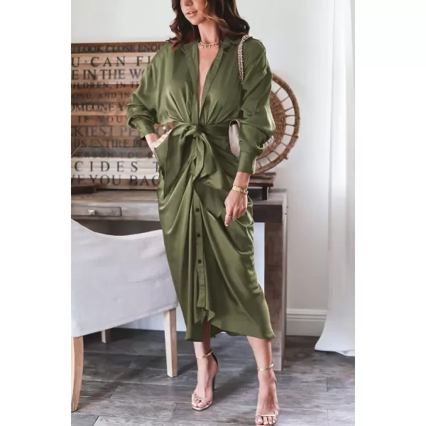 imageBTFBM Women 2023 Long Sleeve Lapel V Neck Button Down Satin Dress Belted Elegant Ruched Summer Fall Maxi Shirt DressesSolid Army Green