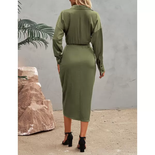 imageBTFBM Women 2023 Long Sleeve Lapel V Neck Button Down Satin Dress Belted Elegant Ruched Summer Fall Maxi Shirt DressesSolid Army Green