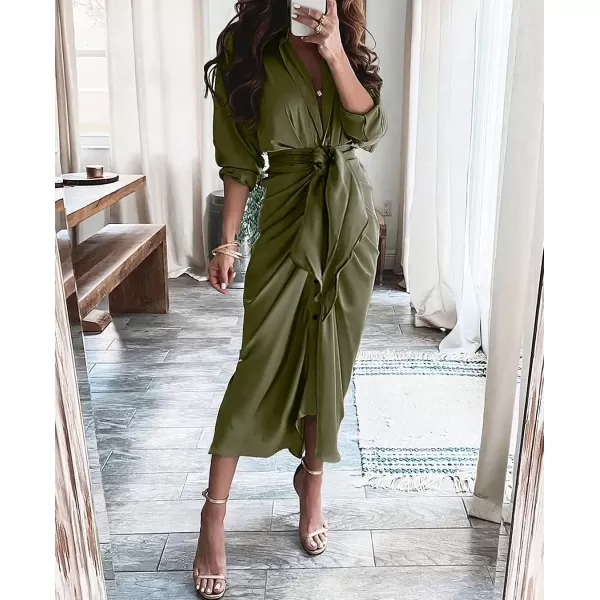 imageBTFBM Women 2023 Long Sleeve Lapel V Neck Button Down Satin Dress Belted Elegant Ruched Summer Fall Maxi Shirt DressesSolid Army Green