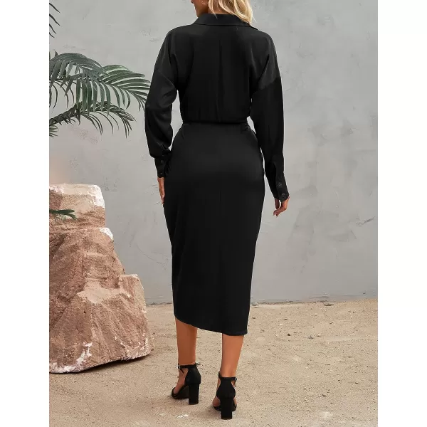 imageBTFBM Women 2023 Long Sleeve Lapel V Neck Button Down Satin Dress Belted Elegant Ruched Summer Fall Maxi Shirt DressesSolid Black