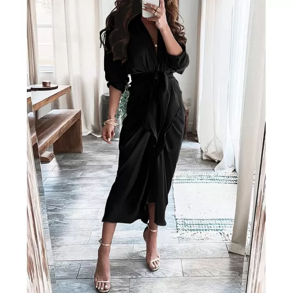 imageBTFBM Women 2023 Long Sleeve Lapel V Neck Button Down Satin Dress Belted Elegant Ruched Summer Fall Maxi Shirt DressesSolid Black