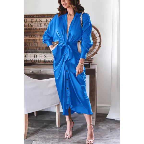 imageBTFBM Women 2023 Long Sleeve Lapel V Neck Button Down Satin Dress Belted Elegant Ruched Summer Fall Maxi Shirt DressesSolid Brilliant Blue