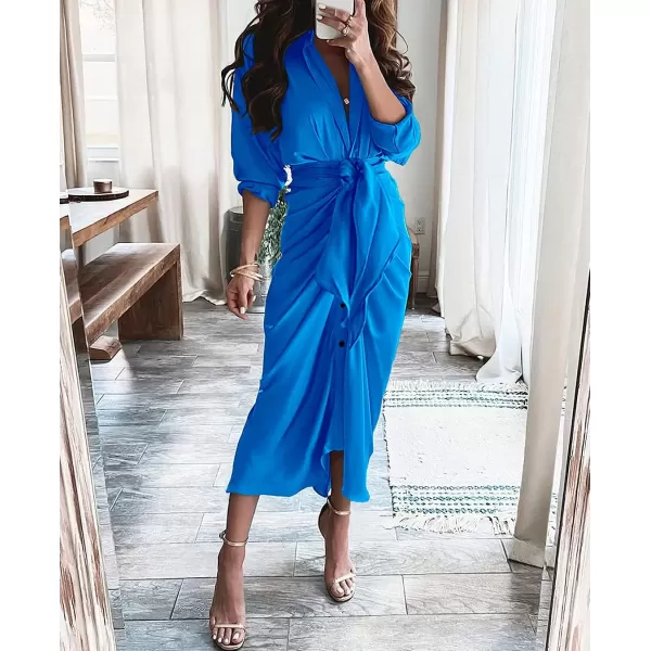 imageBTFBM Women 2023 Long Sleeve Lapel V Neck Button Down Satin Dress Belted Elegant Ruched Summer Fall Maxi Shirt DressesSolid Brilliant Blue