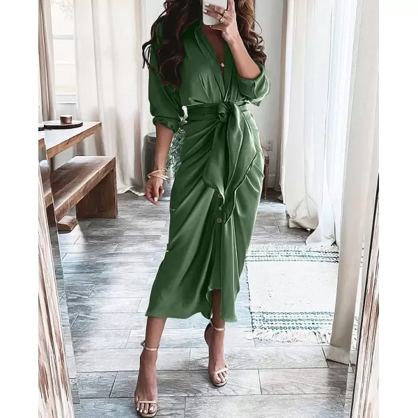 imageBTFBM Women 2023 Long Sleeve Lapel V Neck Button Down Satin Dress Belted Elegant Ruched Summer Fall Maxi Shirt DressesSolid Dark Army Green