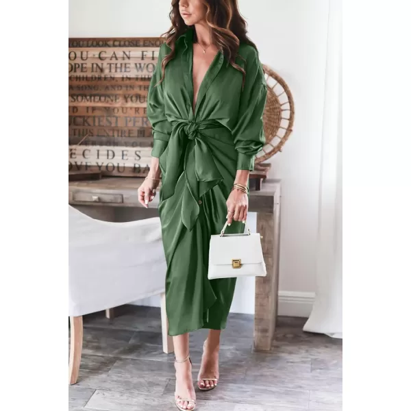 imageBTFBM Women 2023 Long Sleeve Lapel V Neck Button Down Satin Dress Belted Elegant Ruched Summer Fall Maxi Shirt DressesSolid Dark Army Green