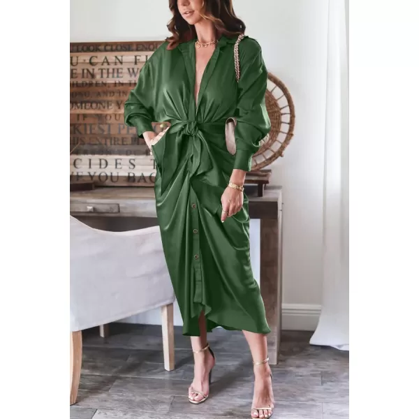 imageBTFBM Women 2023 Long Sleeve Lapel V Neck Button Down Satin Dress Belted Elegant Ruched Summer Fall Maxi Shirt DressesSolid Dark Army Green