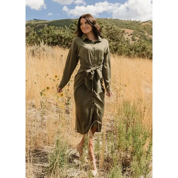 imageBTFBM Women 2023 Long Sleeve Lapel V Neck Button Down Satin Dress Belted Elegant Ruched Summer Fall Maxi Shirt DressesSolid Dark Army Green