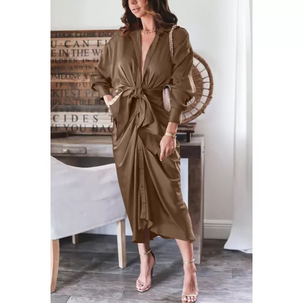 imageBTFBM Women 2023 Long Sleeve Lapel V Neck Button Down Satin Dress Belted Elegant Ruched Summer Fall Maxi Shirt DressesSolid Dark Brown