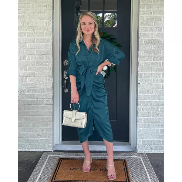 imageBTFBM Women 2023 Long Sleeve Lapel V Neck Button Down Satin Dress Belted Elegant Ruched Summer Fall Maxi Shirt DressesSolid Dark Green