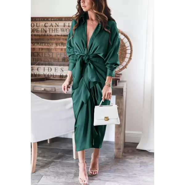 imageBTFBM Women 2023 Long Sleeve Lapel V Neck Button Down Satin Dress Belted Elegant Ruched Summer Fall Maxi Shirt DressesSolid Dark Green