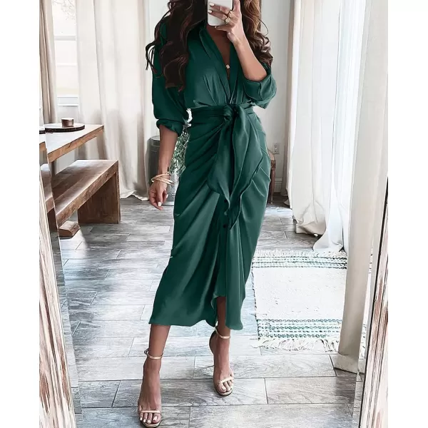 imageBTFBM Women 2023 Long Sleeve Lapel V Neck Button Down Satin Dress Belted Elegant Ruched Summer Fall Maxi Shirt DressesSolid Dark Green