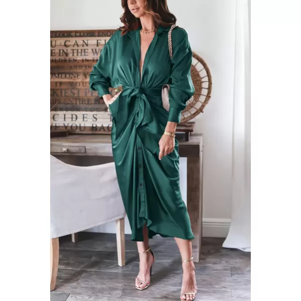 imageBTFBM Women 2023 Long Sleeve Lapel V Neck Button Down Satin Dress Belted Elegant Ruched Summer Fall Maxi Shirt DressesSolid Dark Green