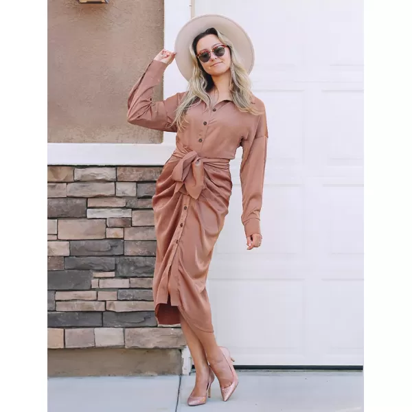 imageBTFBM Women 2023 Long Sleeve Lapel V Neck Button Down Satin Dress Belted Elegant Ruched Summer Fall Maxi Shirt DressesSolid Dark Khaki