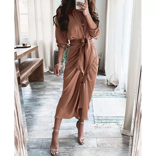 imageBTFBM Women 2023 Long Sleeve Lapel V Neck Button Down Satin Dress Belted Elegant Ruched Summer Fall Maxi Shirt DressesSolid Dark Khaki