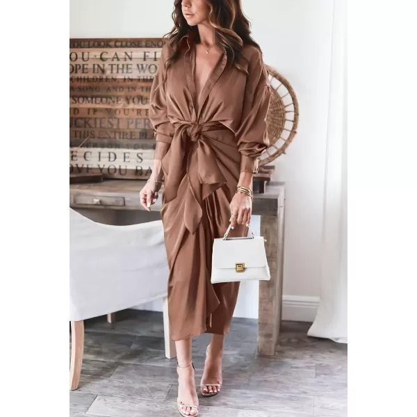 imageBTFBM Women 2023 Long Sleeve Lapel V Neck Button Down Satin Dress Belted Elegant Ruched Summer Fall Maxi Shirt DressesSolid Dark Khaki
