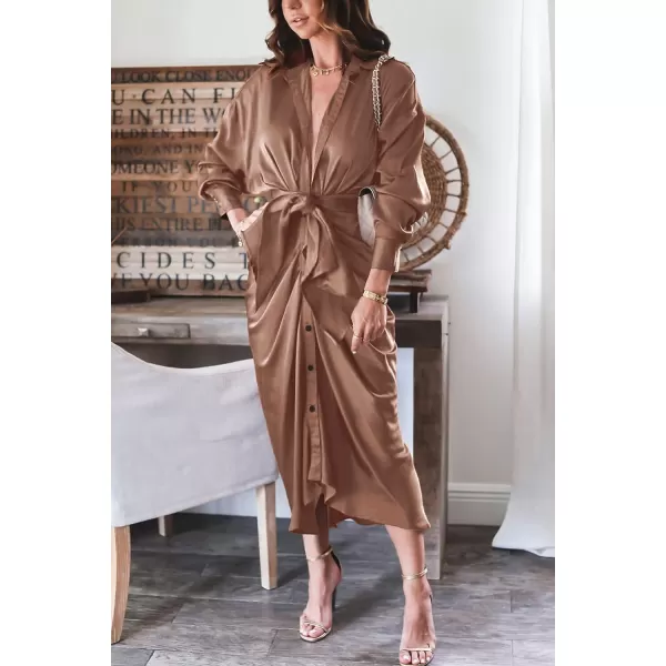 imageBTFBM Women 2023 Long Sleeve Lapel V Neck Button Down Satin Dress Belted Elegant Ruched Summer Fall Maxi Shirt DressesSolid Dark Khaki