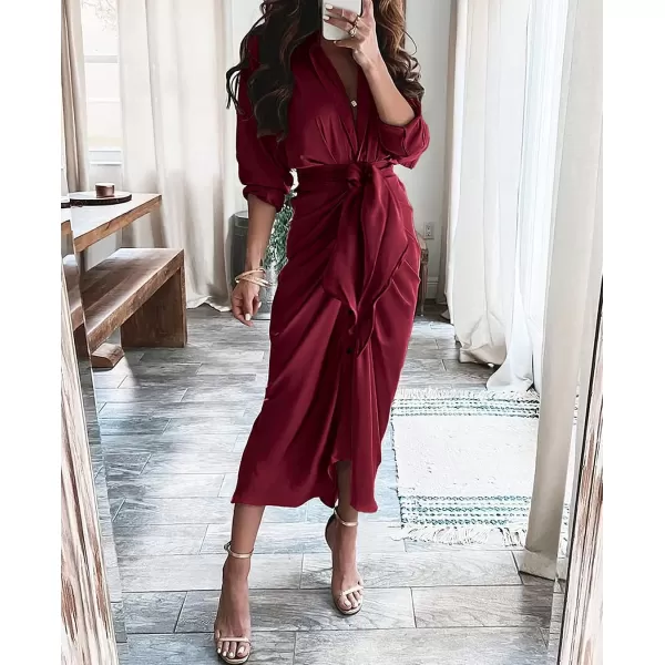 imageBTFBM Women 2023 Long Sleeve Lapel V Neck Button Down Satin Dress Belted Elegant Ruched Summer Fall Maxi Shirt DressesSolid Dark Wine Red
