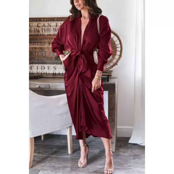 imageBTFBM Women 2023 Long Sleeve Lapel V Neck Button Down Satin Dress Belted Elegant Ruched Summer Fall Maxi Shirt DressesSolid Dark Wine Red